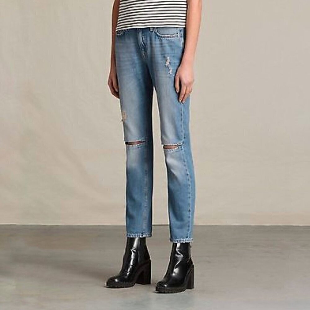 All Saints Slit Boyfriend Jeans In Light Blue Indigo Women's Size 27 Mid Rise